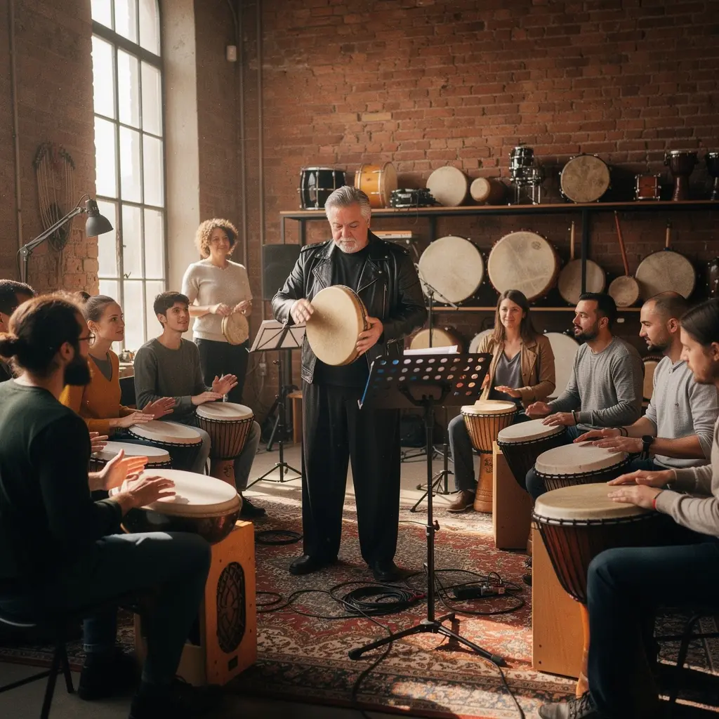 Dobos gyakorlás közben, különböző ritmusminták bemutatásával.