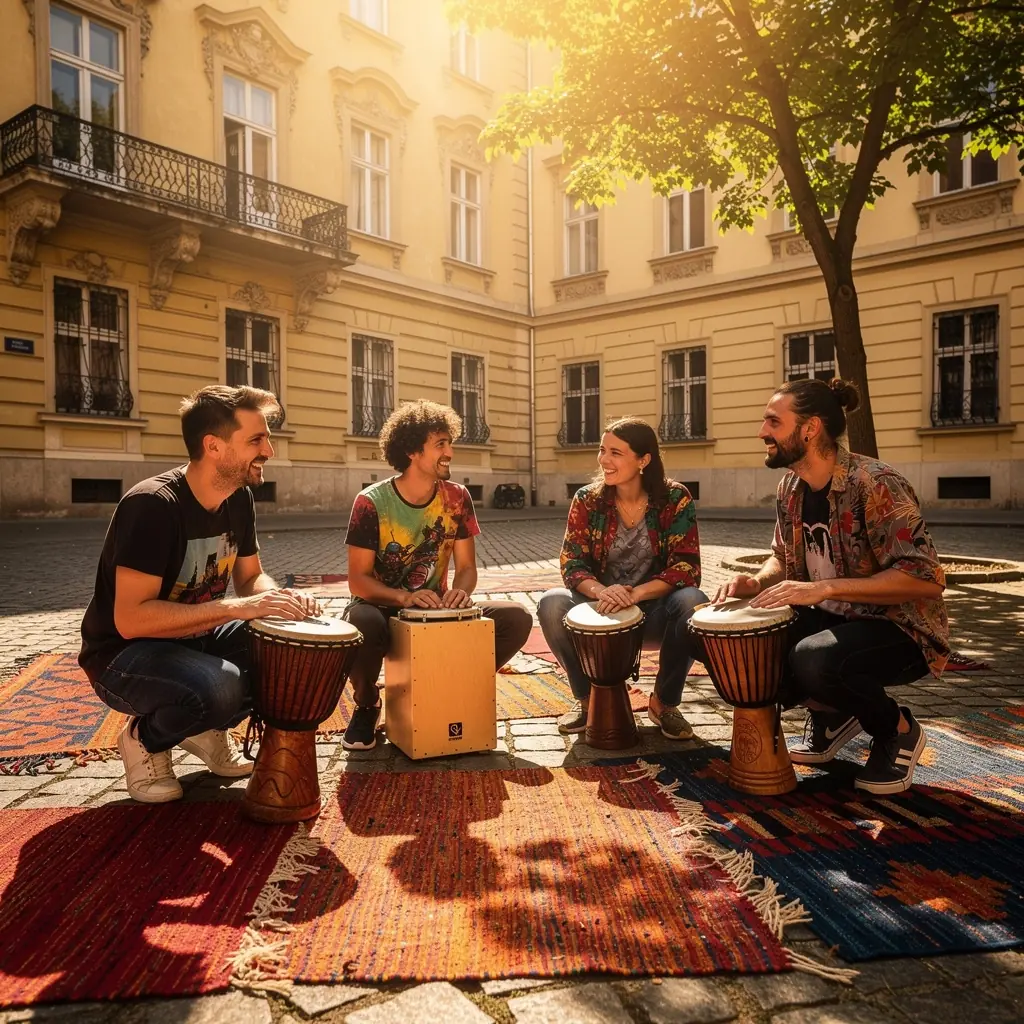 Egy zenész a dobkészlet előtt, élénk ritmusokkal játszva.