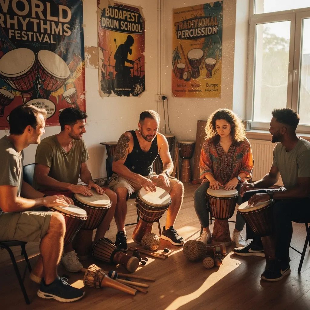 Dobos, aki a ritmusok mesterségét gyakorolja egy stúdióban.