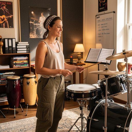 Felnőtt tanuló, aki a dobszólót gyakorolja, miközben figyel a tanárra.