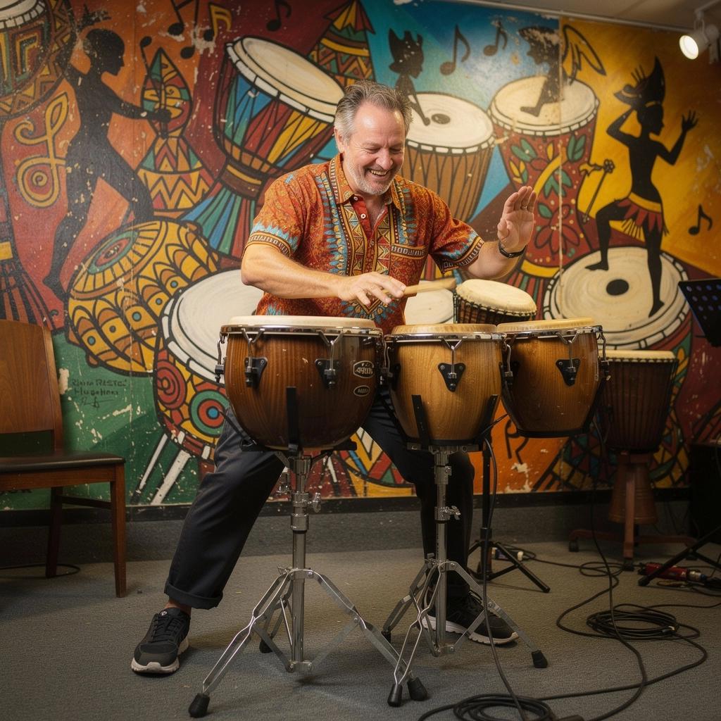 Gyerekek, akik együtt dobolnak egy zenei táborban, vidám arccal.